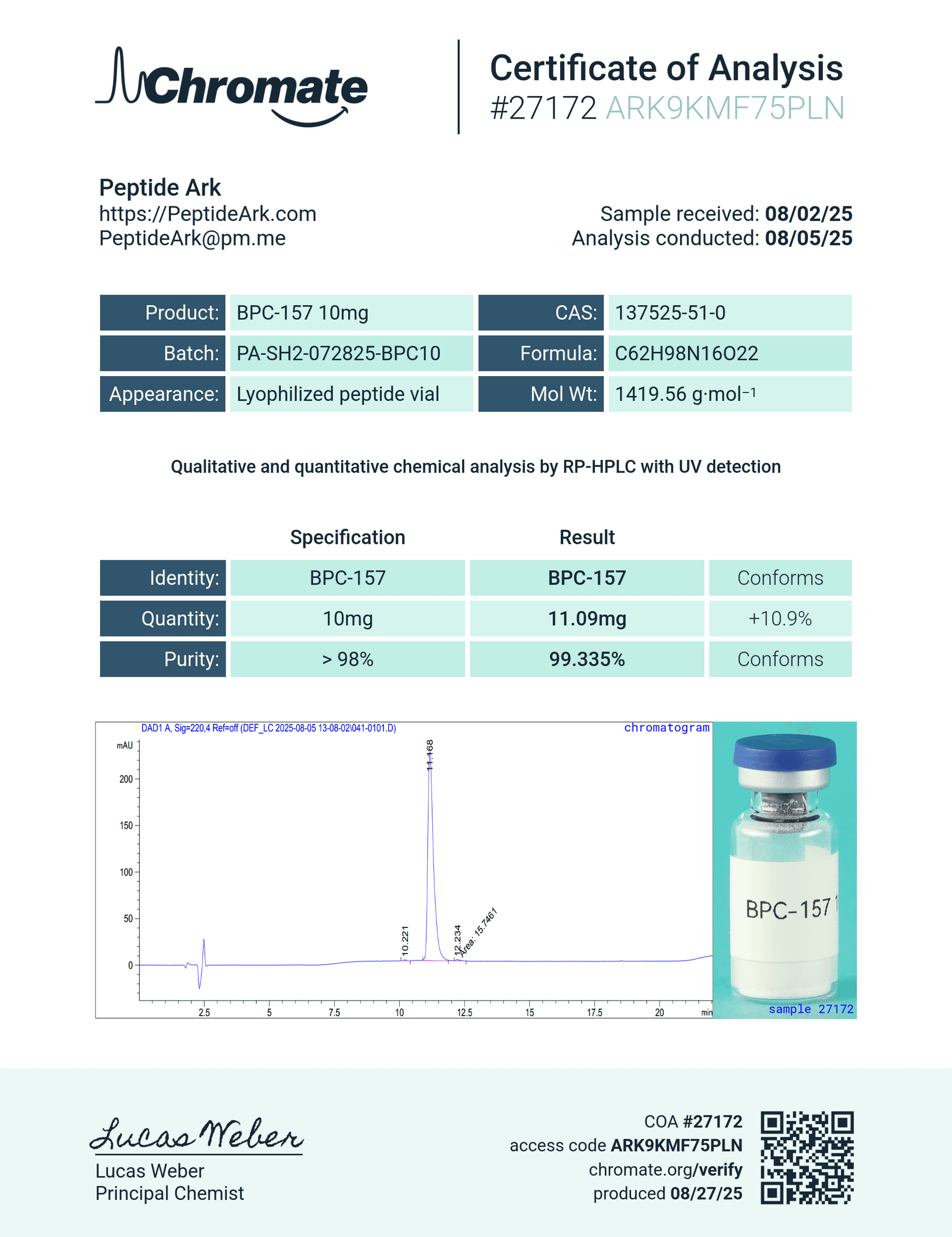 BPC-157 10 mg - Certificate of Analysis