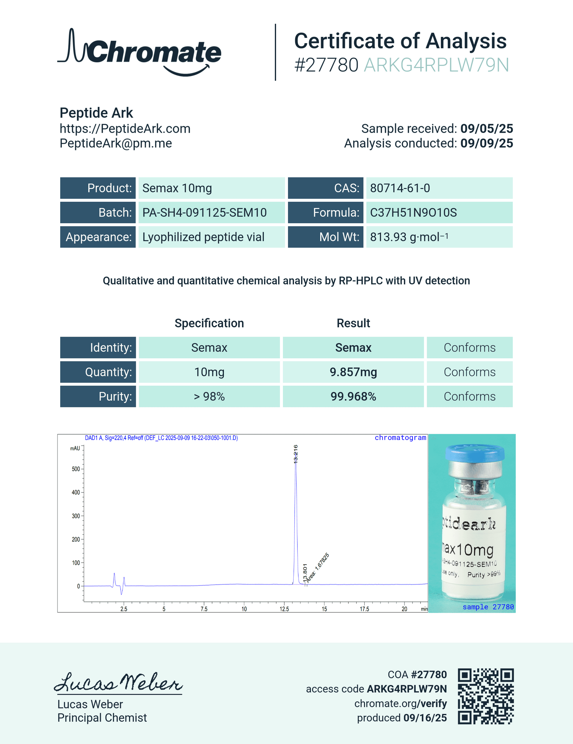Semax 10 mg - Certificate of Analysis